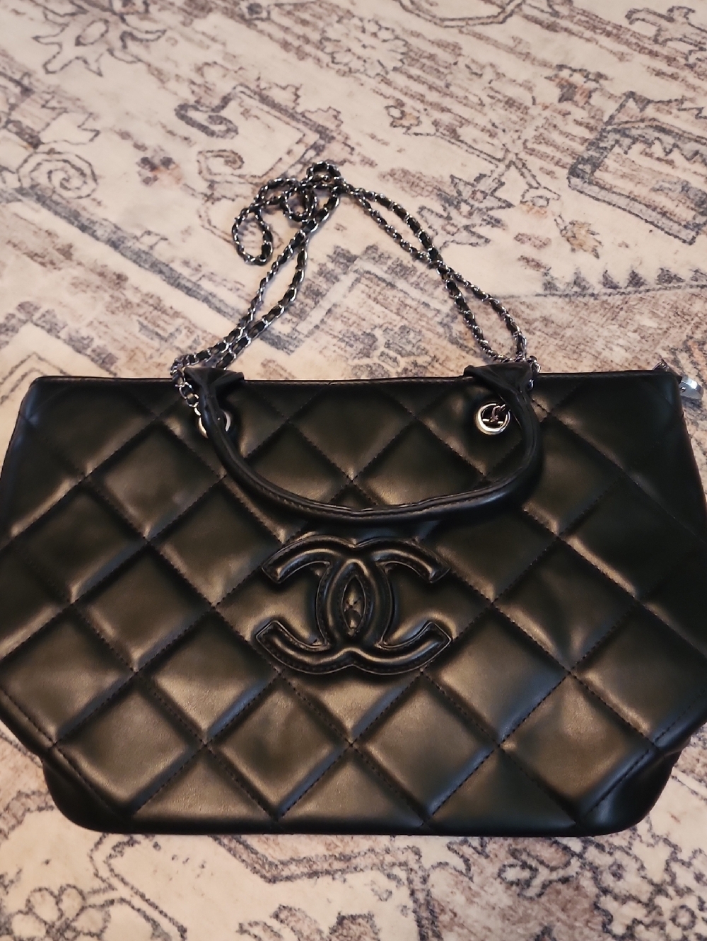 Quilted Black Leather Tote with Chain Handles. Comes With Dustbag